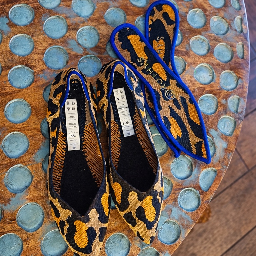 Rothy's Leopard Print Pointed Flats in Black and Gold
